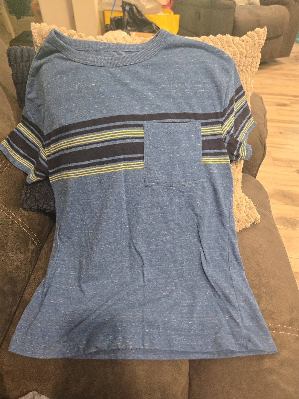 Cat & Jack Blue Striped Pocket Tee with Navy and Lime Accents